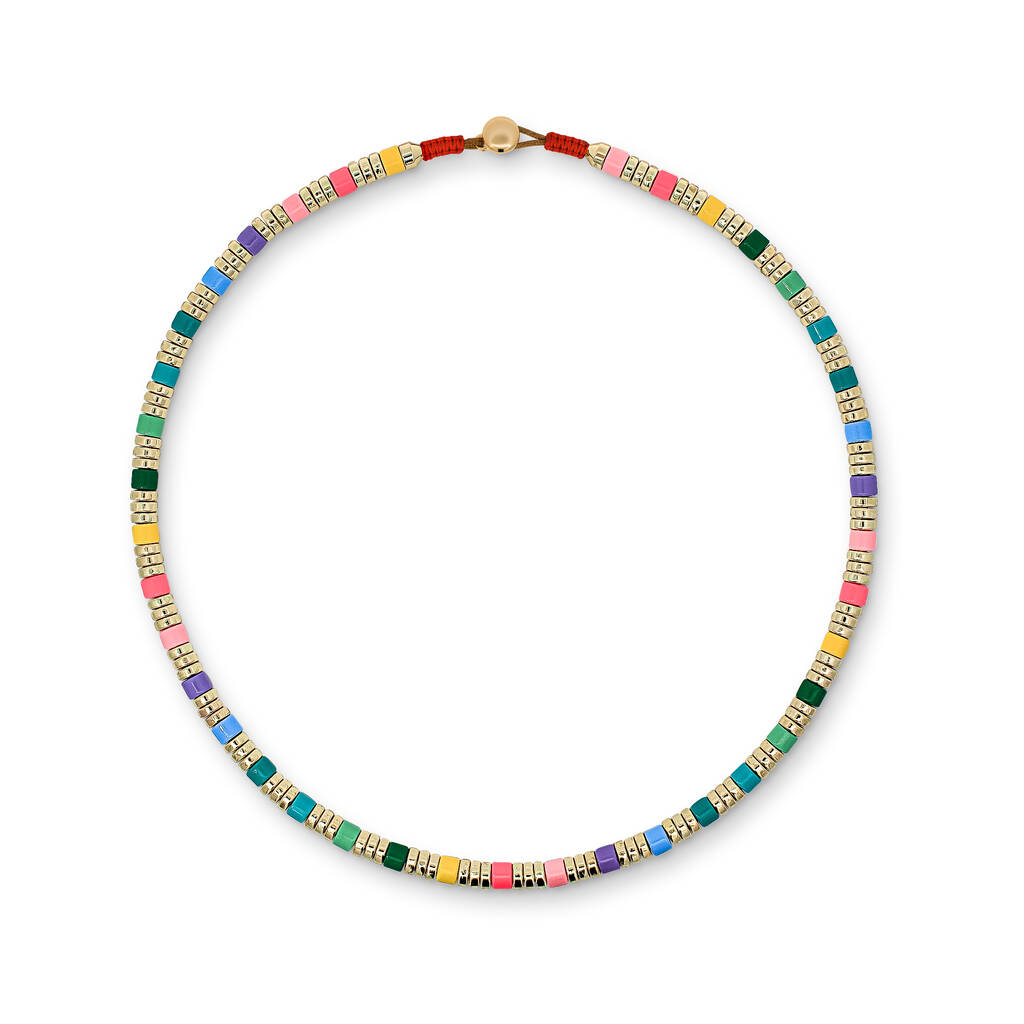 Pastel Rainbow And Gold Tone Metal Beaded Necklace