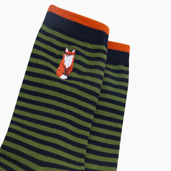 Embroidered Fox Striped Combed Cotton Socks In Black/Green, 2 of 4