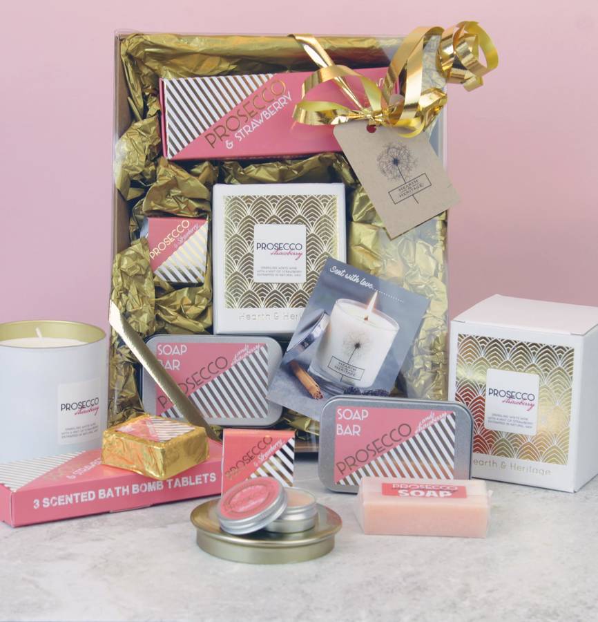 large prosecco themed pamper hamper by hearth & heritage ltd