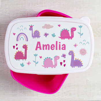 Personalised Dinosaurs Pink Lunch Box Gift, 3 of 3