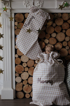 Personalised Beige Gingham Stocking Embroidered, 3 of 9