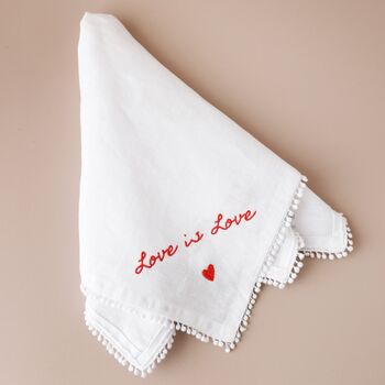 Love Is Love Embroidered White Linen Napkin, 3 of 4