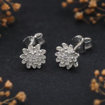 Sterling Silver November Birth Flower Chrysanthemum Stud Earrings, 6 of 7