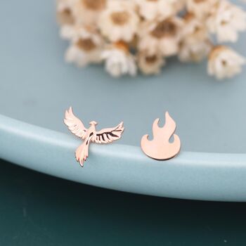 Mismatched Sterling Silver Phoenix And Fire Stud Earrings, 5 of 11