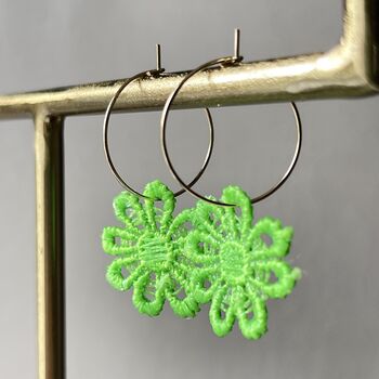 Green Lace Flower Hoop Earrings, 3 of 3