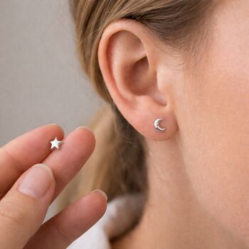 Sterling Silver Mini Star And Moon Stud Earrings, 2 of 7
