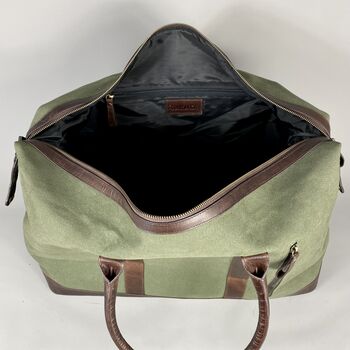 Olive Green Canvas Weekend Holdall With Leather Trim, 7 of 8