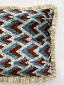 Modern, Oblong, Velvet, Ikat, Cushion With Silk Tassels Brown, Blue, Cream Herringbone Pattern Design, 4 of 10