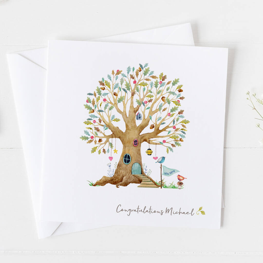 New Home Card With Whimsical Watercolour Tree, 1 of 4