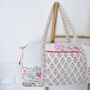 Block Printed Pink And Mint Floral Bird Quilted Duffle Bag, thumbnail 1 of 9