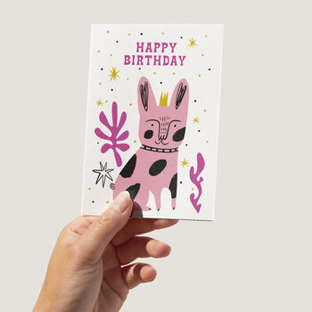 Pink Dog With Crown Fun Bright Happy Birthday Card, 3 of 4