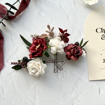 Burgundy Bridal Floral Hair Pins, 6 of 7