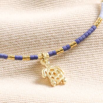 Blue Miyuki Bead Turtle Charm Cord Anklet In Gold, 4 of 4