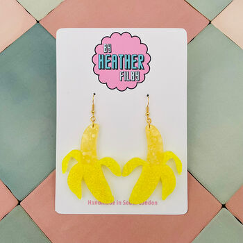 Split Banana Glitter Earrings / Go Bananas Gift Funny Best Friend Gift / Retro Pop Art Gift Kitsch Statement / Summer Holiday Accessory Tropical Statement, 3 of 6
