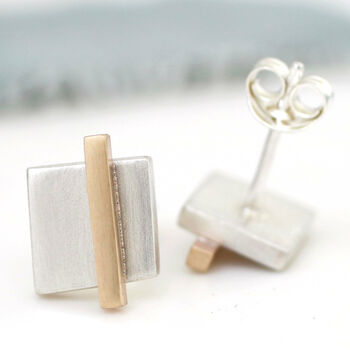 Geometric Earrings. Square Silver And 9ct Gold Studs, 2 of 11
