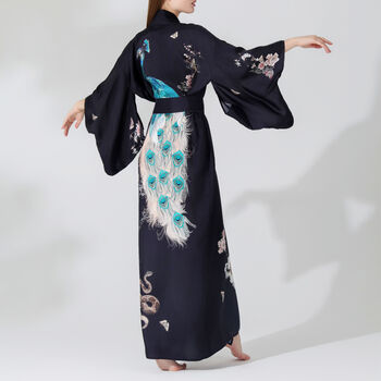 Silk Kimono Dressing Gown Royal Peacock | Black, 5 of 10