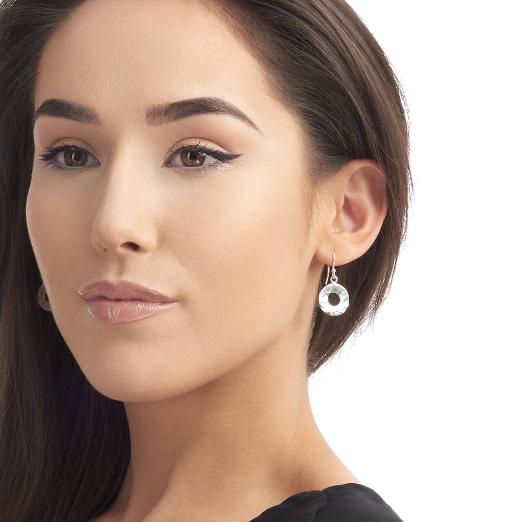 Silver Hammered Circle Drop Earrings By Lime Tree Design