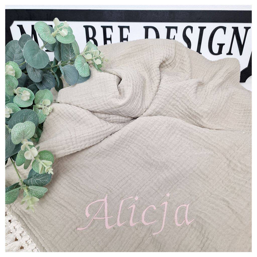 Personalised Baby Muslin Blanket In Soft Beige By Mea Bee Design