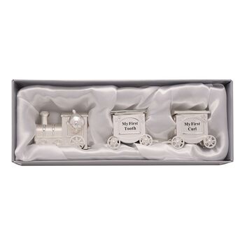 Silverplated First Tooth And Curl Set Train With Two Carriages Baby Gift, 10 of 10