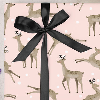 Three Sheets Of Christmas Reindeer Wrapping Paper Pink, 2 of 2