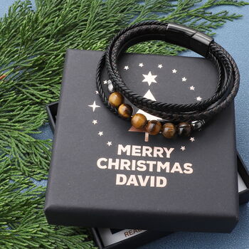 Christmas Personalised Tiger Eye Stone Leather Bracelet For Men, 2 of 9