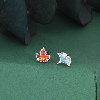 Sterling Silver Maple Leaf And Ginkgo Leaf Stud Earrings, 5 of 11
