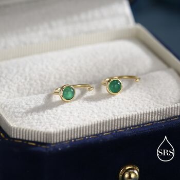 Sterling Silver Genuine Green Onyx Huggie Hoop Earrings, 5 of 11