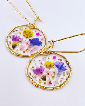 Pressed Flowers Circle Drop Earrings Small Hand Made, 4 of 12
