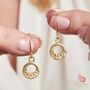 Tiny Matte Gold And Silver Detailed Circle Drop Earrings, thumbnail 4 of 10