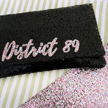 Black Or Navy Sequin Personalised Slogan Clutch, 8 of 9