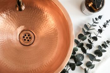 Engraved Matte Copper Vessel Sink With Drain Cap, 400 Mm Diameter, 7 of 8