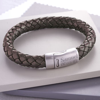 Men's Personalised Leather And Steel Clasp Bracelet, 2 of 5