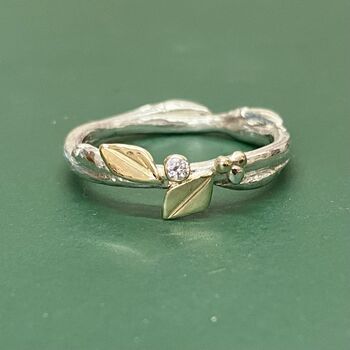 Cast Willow Ring With Diamond And Gold Leaves, 2 of 5