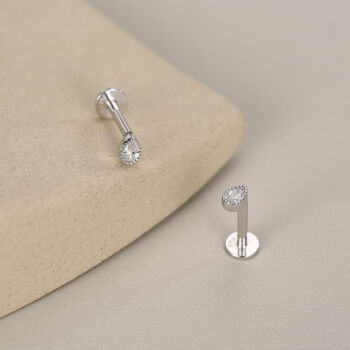 Sterling Silver Tiny Teardrop Cz 16 G Flat Back Labret Earrings, 3 of 11