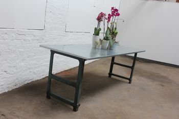Saunders Zinc Table With Vintage Workbench Legs, 5 of 7