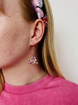 Gold And Pink Glitter Christmas Tree Earrings / Holiday Jewellery / Christmas Gift, 9 of 9
