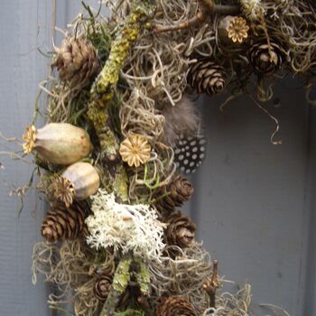 Poppy, Cone And Lichen Twig Heart Wreath Wedding Decor, 2 of 4