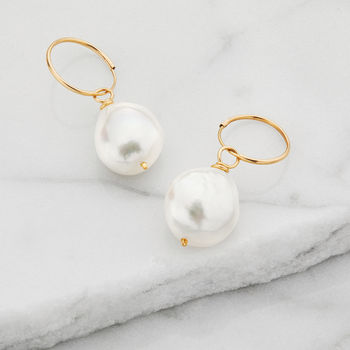 Gold Or Silver Large Pearl Drop Hoop Earrings, 2 of 8