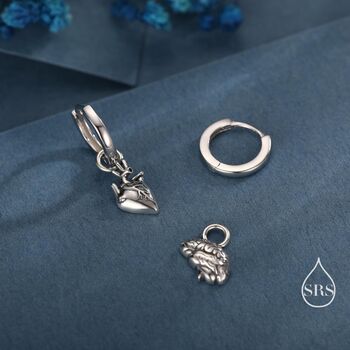 Sterling Silver Anatomical Brain And Heart Asymmetric Huggie Hoop Earrings, 5 of 12