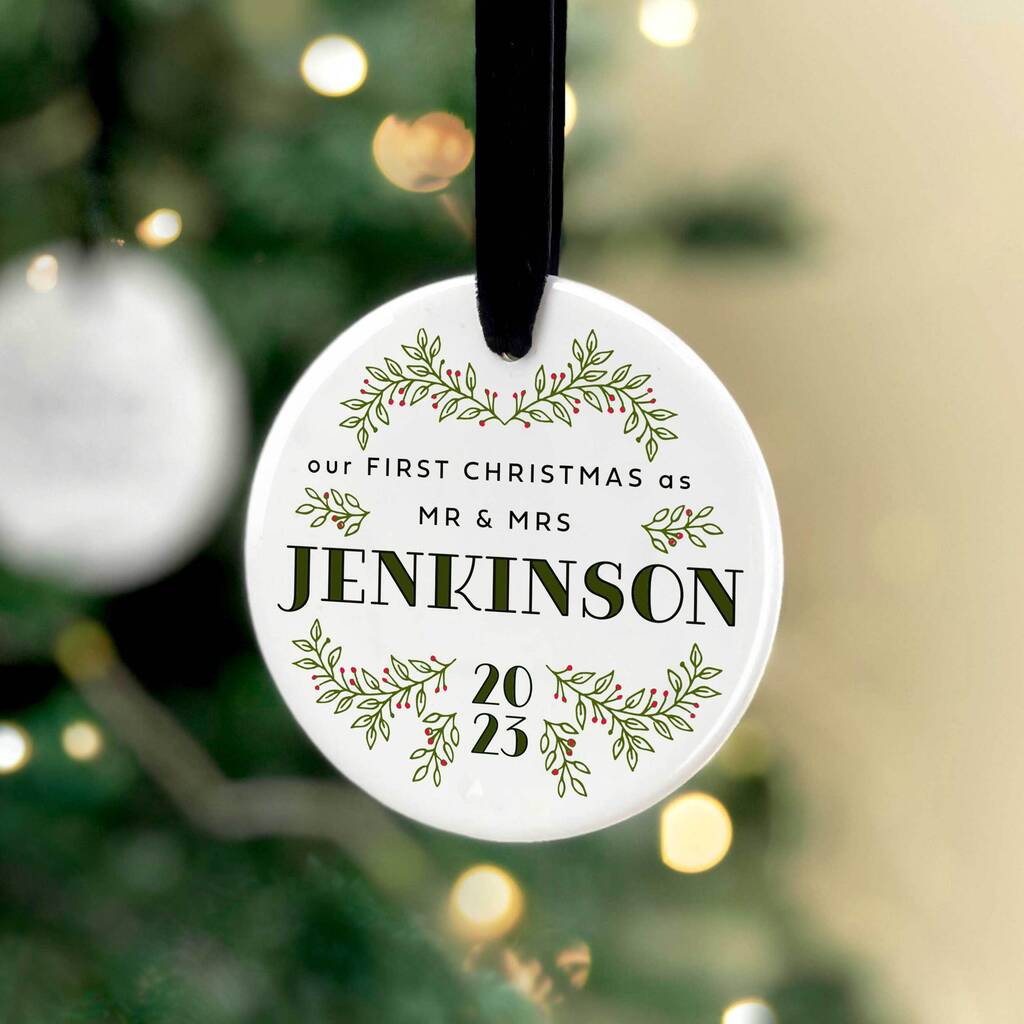 First Christmas Married Personalised Ceramic Bauble, 1 of 8