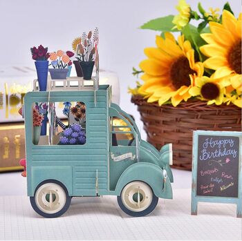 Pop Up 3D Birthday Card Florists Cart Sage Green, 3 of 4