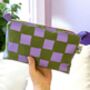 Handprinted Boxy Pouch Lilac And Green Checkered, thumbnail 1 of 5