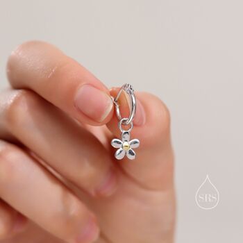 Sterling Silver Daisy Dangle Drop Huggie Hoop, 3 of 12