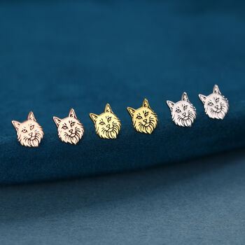 Sterling Silver Maine Coon Style Cat Face Stud Earrings, 2 of 12