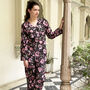 Black And Pink Block Print Floral 100% Cotton Ladies Pyjamas, thumbnail 1 of 8