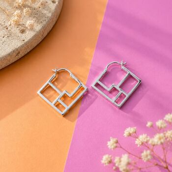 Art Deco Square Geometric Gold Hoop Earrings, 5 of 6