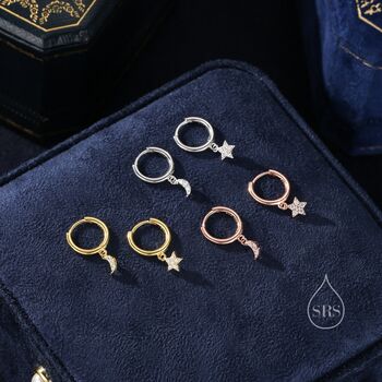 Moon And Star Cz Dangle Huggie Hoop Earrings, 2 of 12