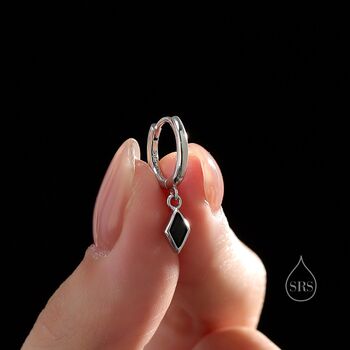 Sterling Silver Very Tiny Rhombus Onyx Black Cz Huggie Hoop, 5 of 12