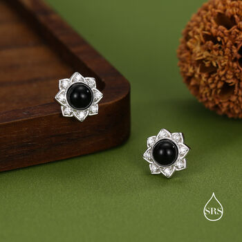 Vintage Inspired Black Onyx Flower Cz Stud Earrings In Sterling Silver, 2 of 12