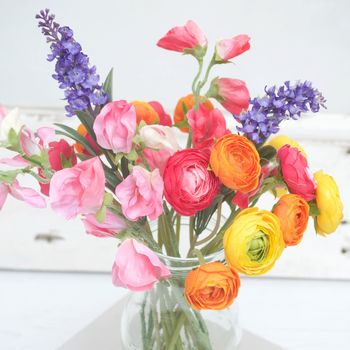 Summer Faux Flower Bouquet Of Ranunculus And Sweet Peas, 4 of 5